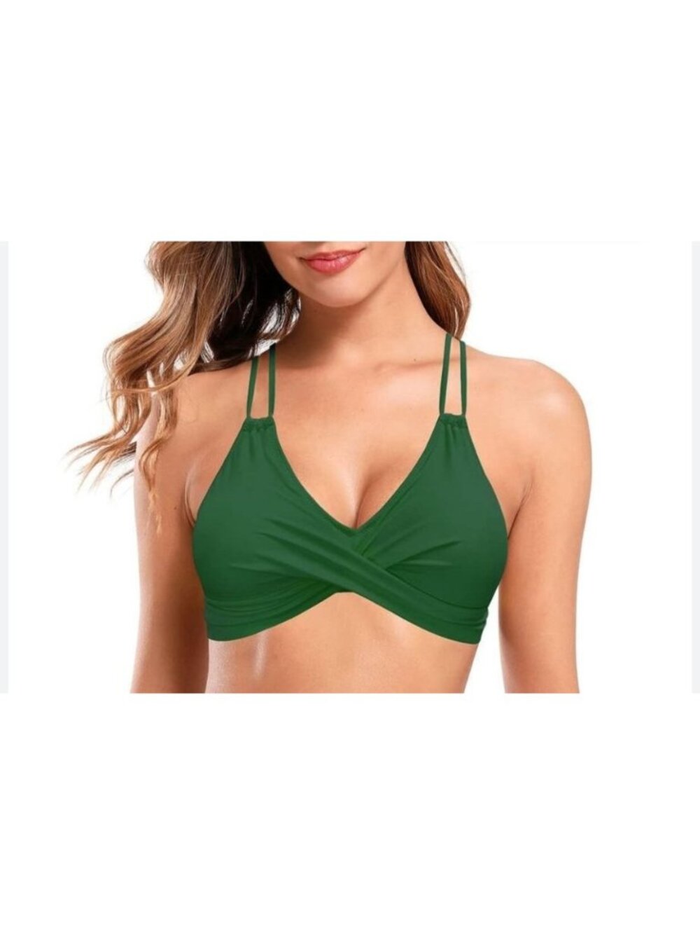 Womens Med Green Twist Bikini Top Criss-Cross Back Straps Adj Tie Swimwear